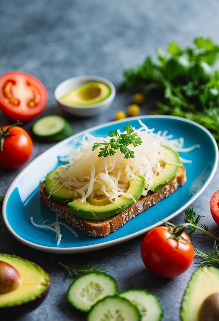 A colorful plate with sauerkraut and avocado toast surrounded by fresh ingredients like tomatoes, cucumbers, and herbs