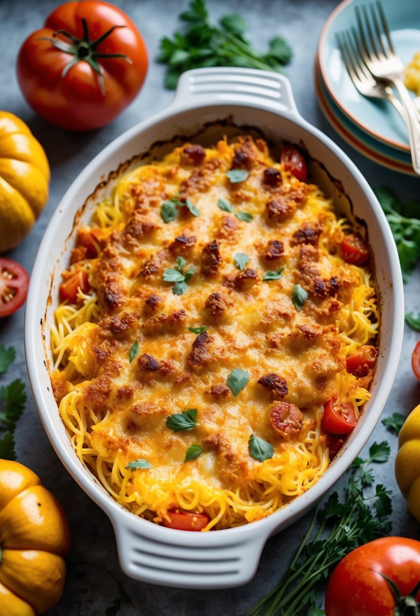 A bubbling casserole dish filled with cheesy spaghetti squash, topped with a golden brown crust, surrounded by colorful ingredients like tomatoes and herbs