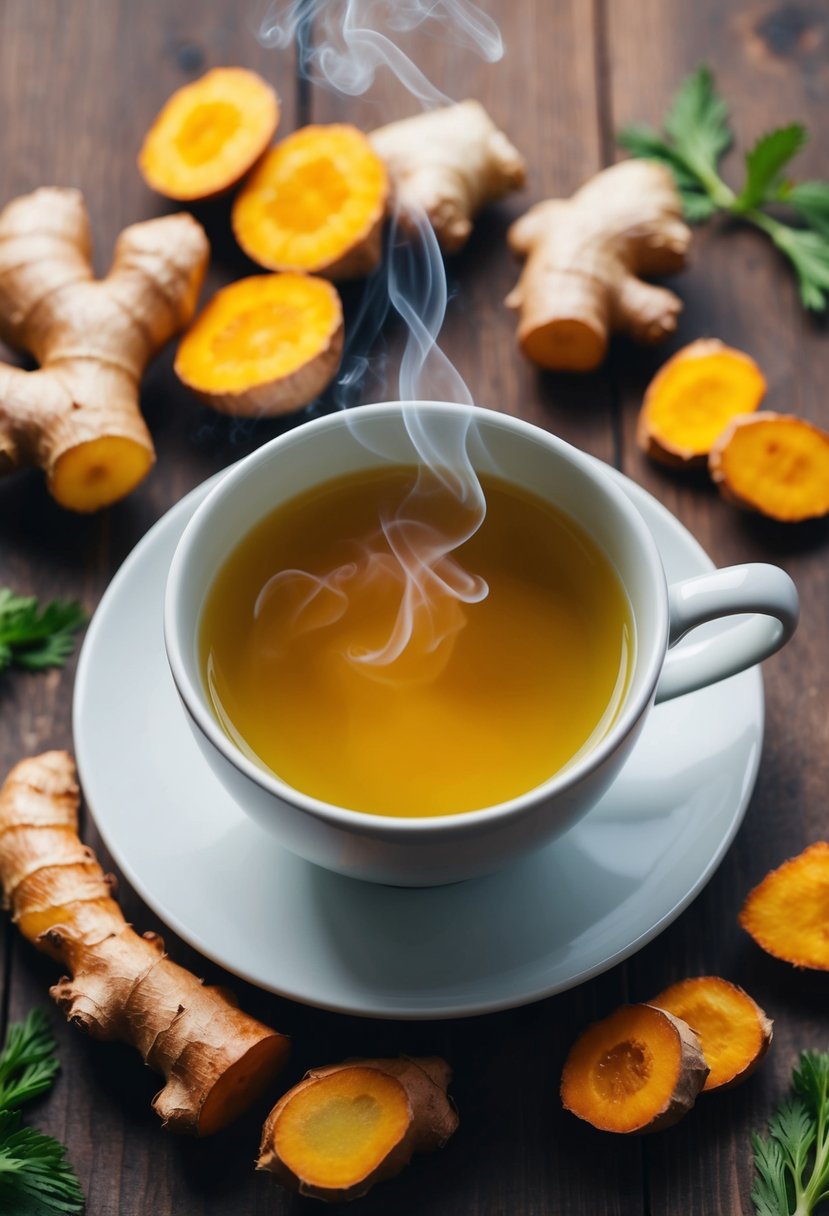 A steaming cup of ginger turmeric tea surrounded by fresh turmeric root and ginger slices