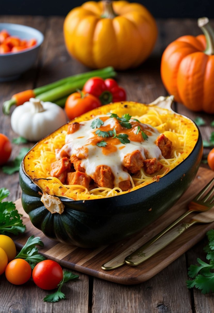 A roasted spaghetti squash filled with buffalo chicken and topped with melted cheese, surrounded by colorful vegetables on a rustic wooden table