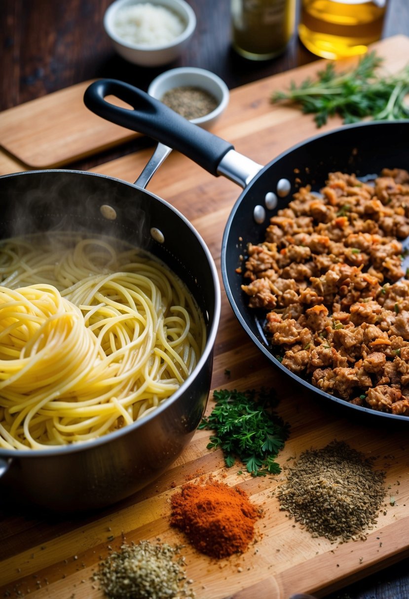 A pot of boiling pasta next to a skillet of sizzling ground sausage, with various herbs and spices scattered on a wooden cutting board