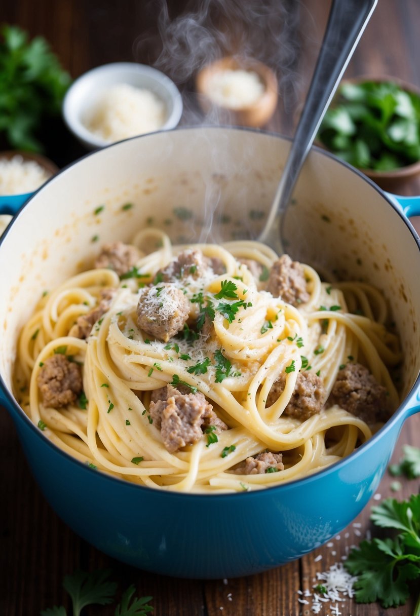 A steaming pot of creamy Alfredo pasta with ground sausage mixed in, garnished with freshly grated Parmesan and chopped parsley