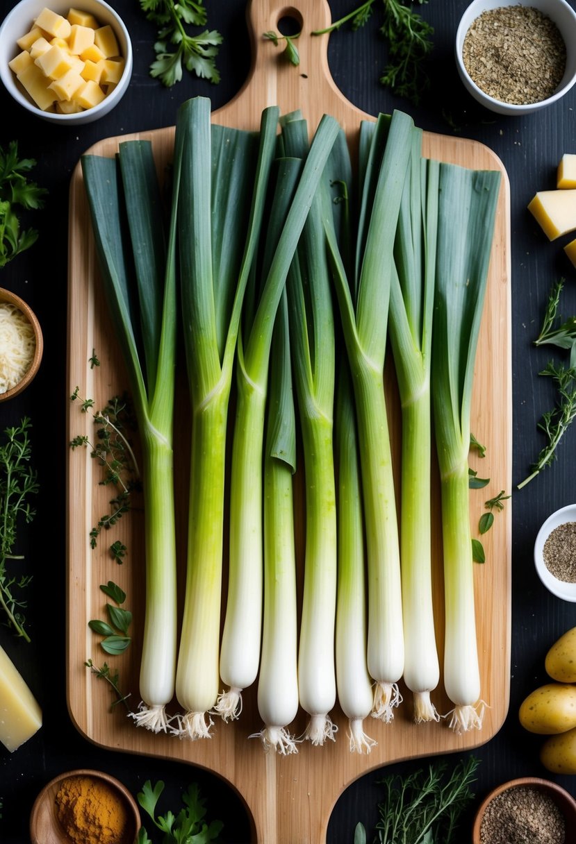 A colorful array of leeks, potatoes, and cheese arranged on a wooden cutting board, surrounded by fresh herbs and spices