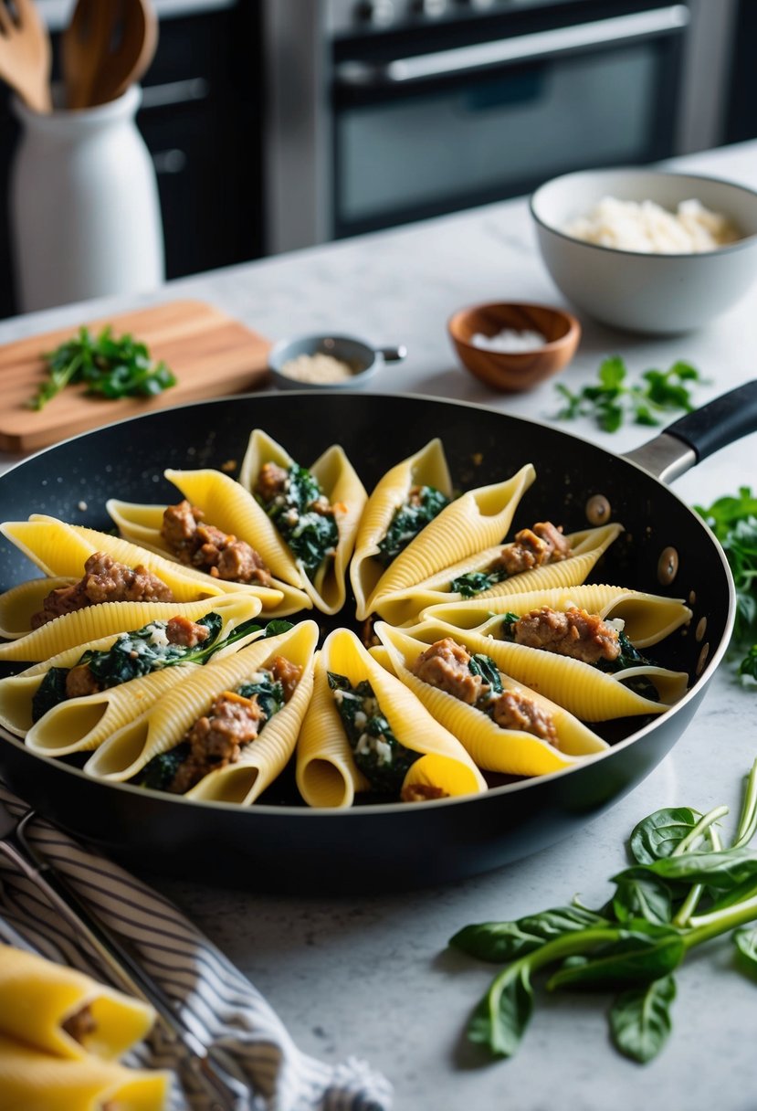 A pan of stuffed pasta shells filled with sausage and spinach, surrounded by ingredients and cooking utensils on a kitchen counter