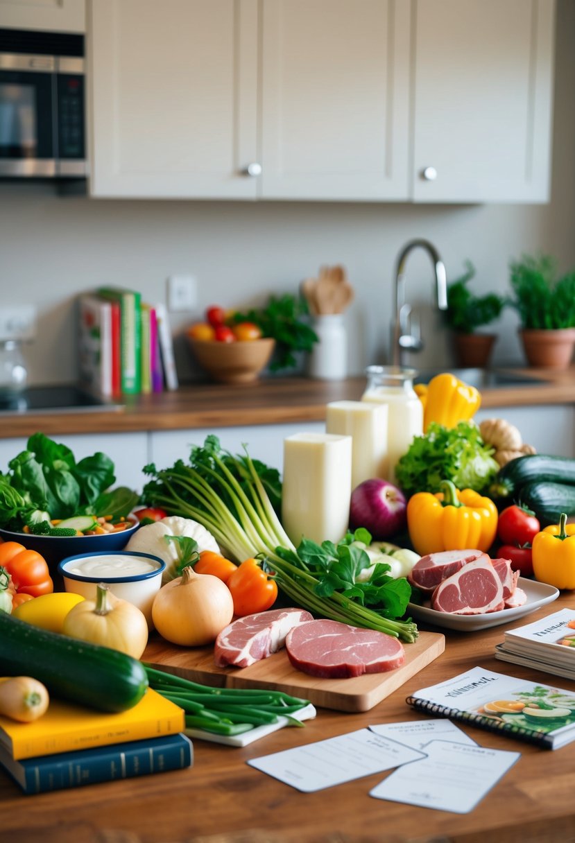 A kitchen counter filled with colorful vegetables, meats, and dairy products, surrounded by cookbooks and recipe cards