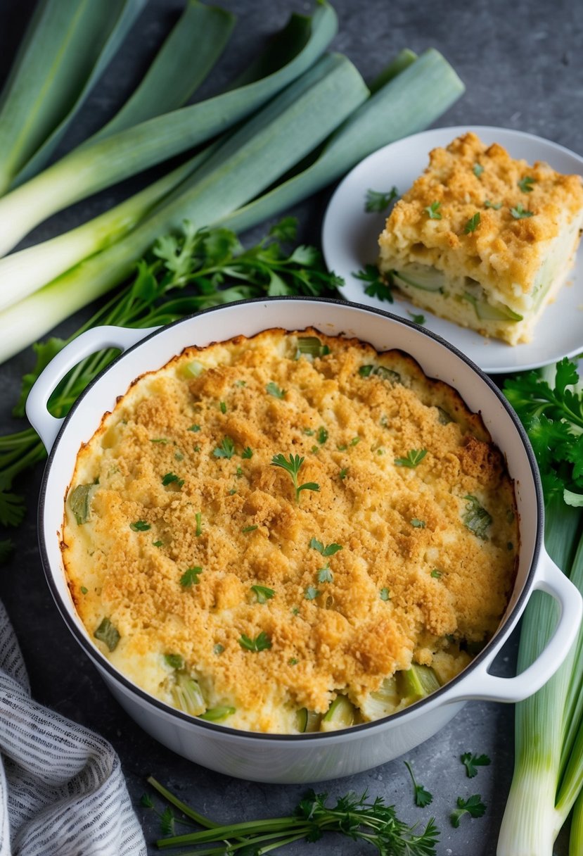 A bubbling casserole dish filled with layers of creamy leeks, topped with a golden-brown breadcrumb crust, surrounded by fresh leeks and herbs