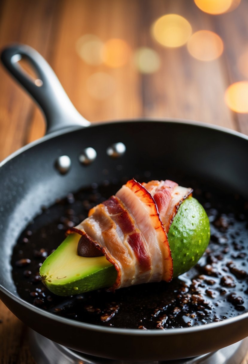 An avocado wrapped in bacon, sizzling on a skillet