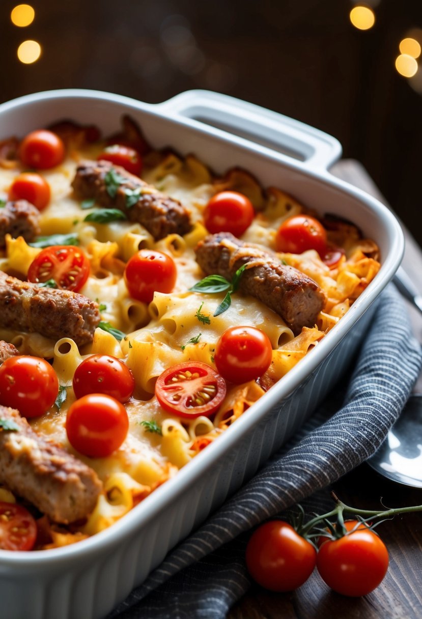 A bubbling casserole dish filled with sausage, cherry tomatoes, and pasta, fresh from the oven