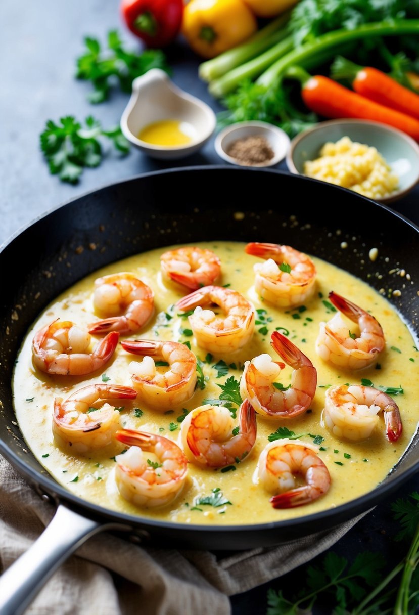 A skillet sizzling with plump shrimp in a creamy garlic butter sauce, surrounded by colorful low-carb vegetables and herbs