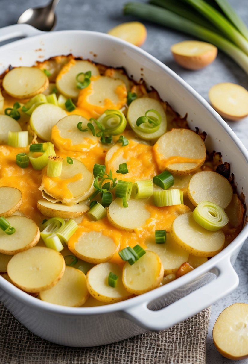 A bubbling casserole dish filled with layers of sliced potatoes, leeks, and melted cheese, fresh from the oven