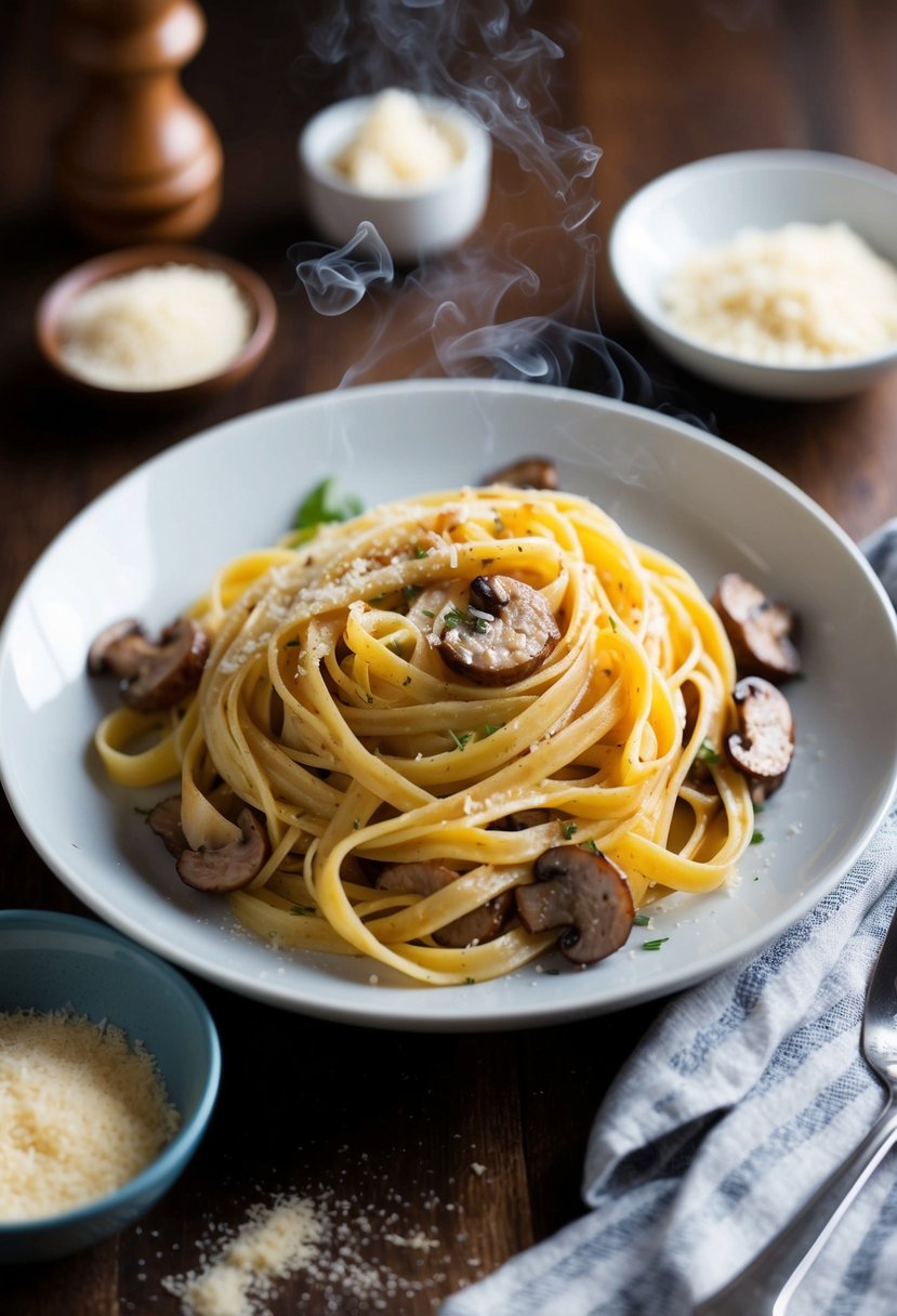 A steaming plate of spicy sausage and mushroom fettuccine pasta with fresh ingredients and a sprinkle of parmesan cheese