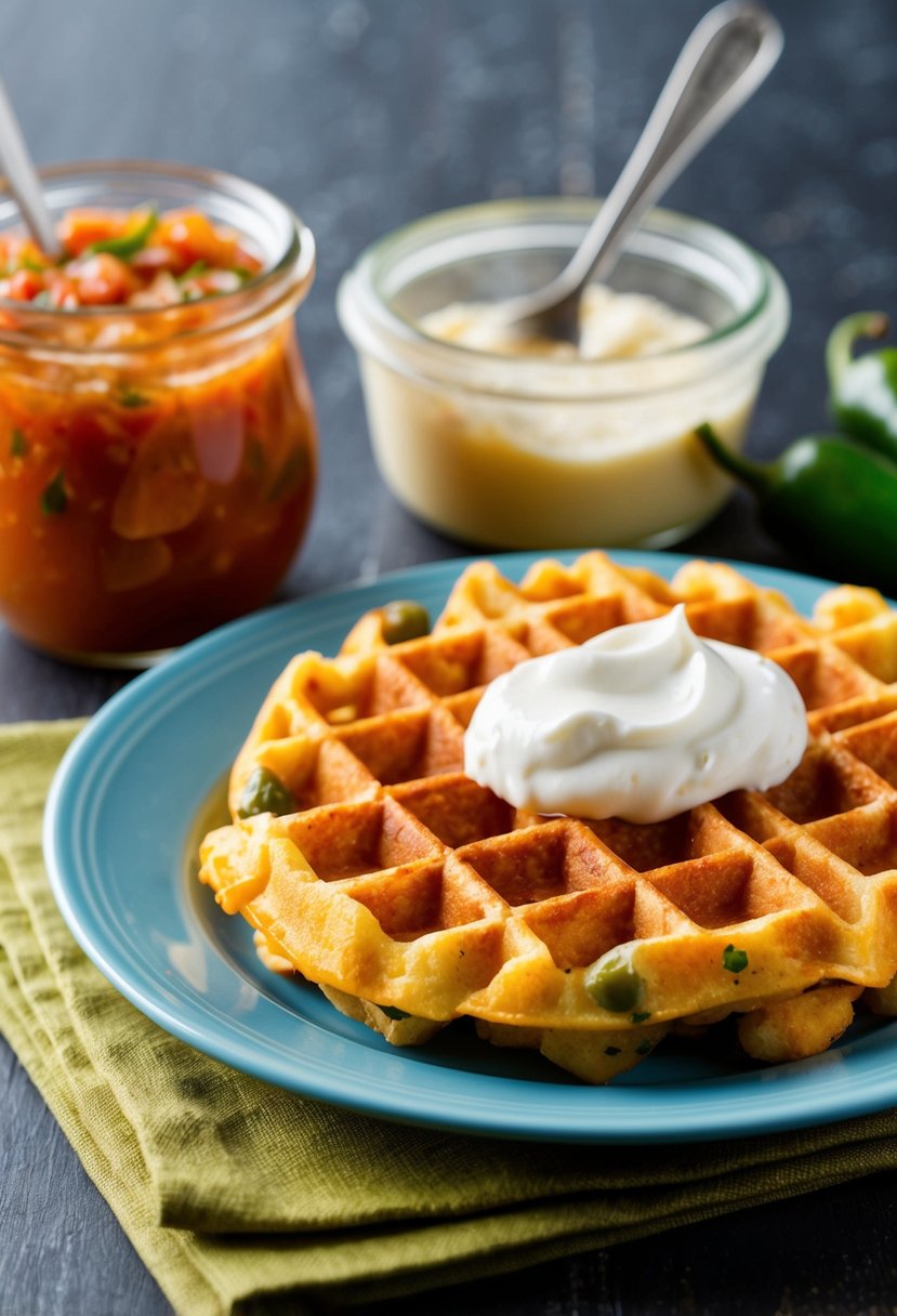 A plate of golden cheddar jalapeño chaffles sits next to a jar of spicy salsa and a dollop of sour cream