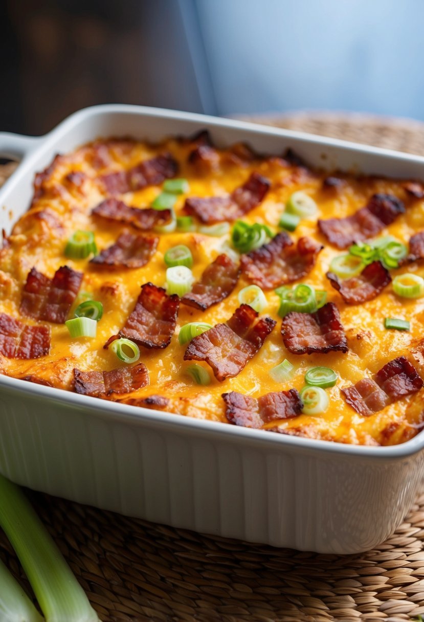 A bubbling casserole dish filled with layers of crispy bacon and tender leeks, topped with a golden-brown, cheesy crust