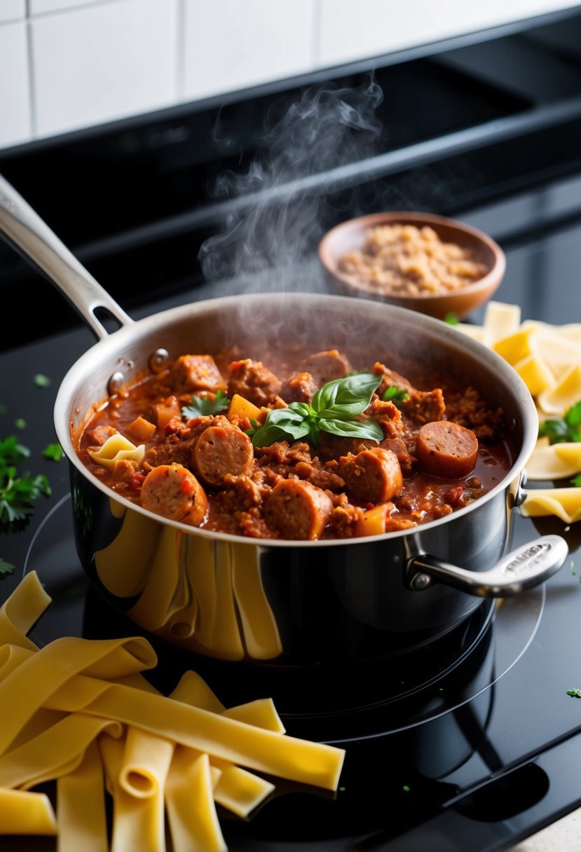 A steaming pot of Italian sausage ragu simmers on the stove, surrounded by fresh pappardelle pasta and scattered ground sausage recipes