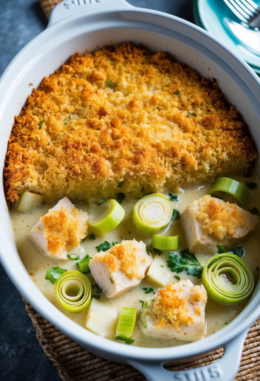 A steaming casserole dish filled with chunks of tender chicken, sliced leeks, and creamy sauce, topped with a golden-brown breadcrumb crust