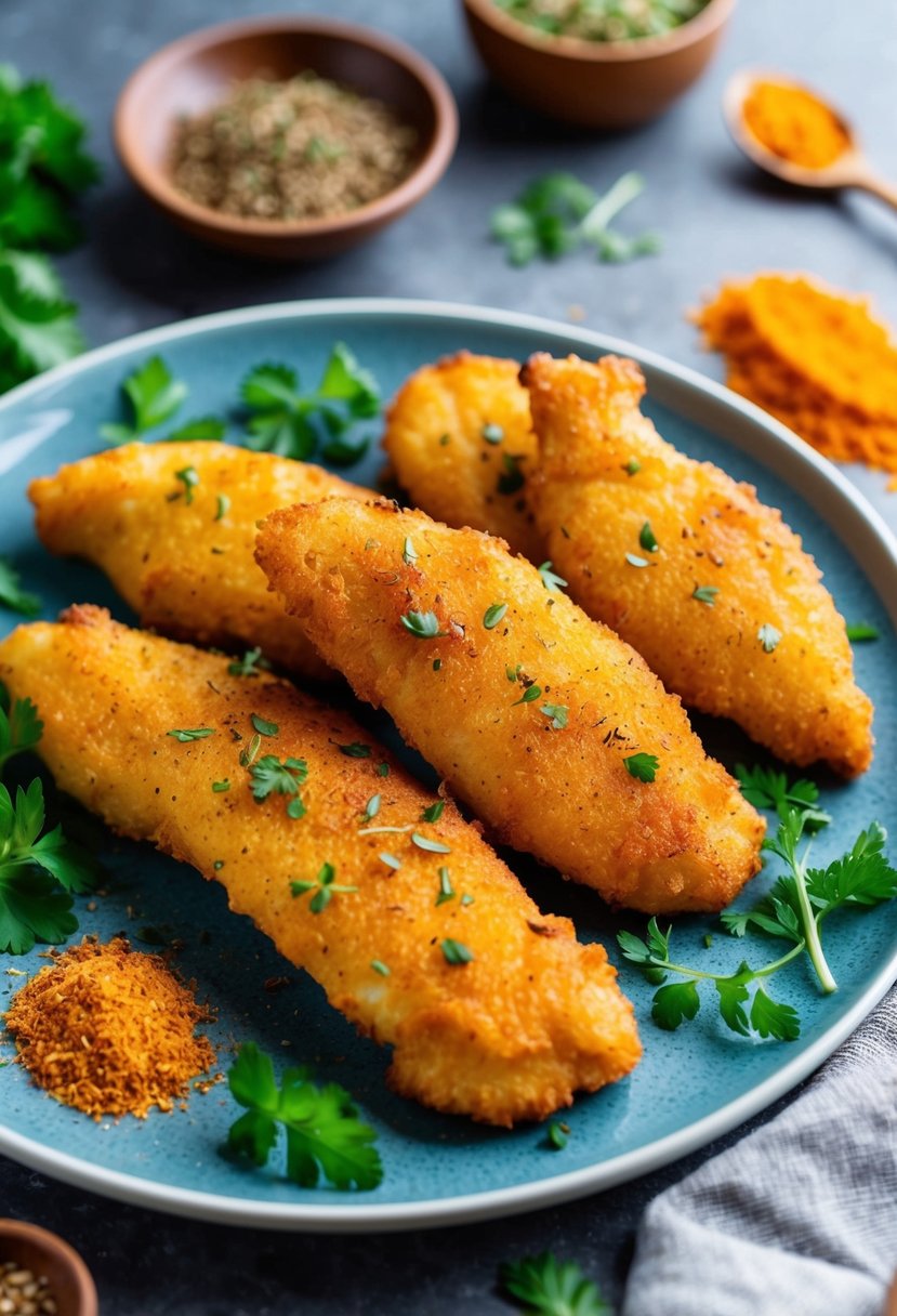 Golden-brown chicken tenders surrounded by vibrant spices and fresh herbs on a keto-friendly plate