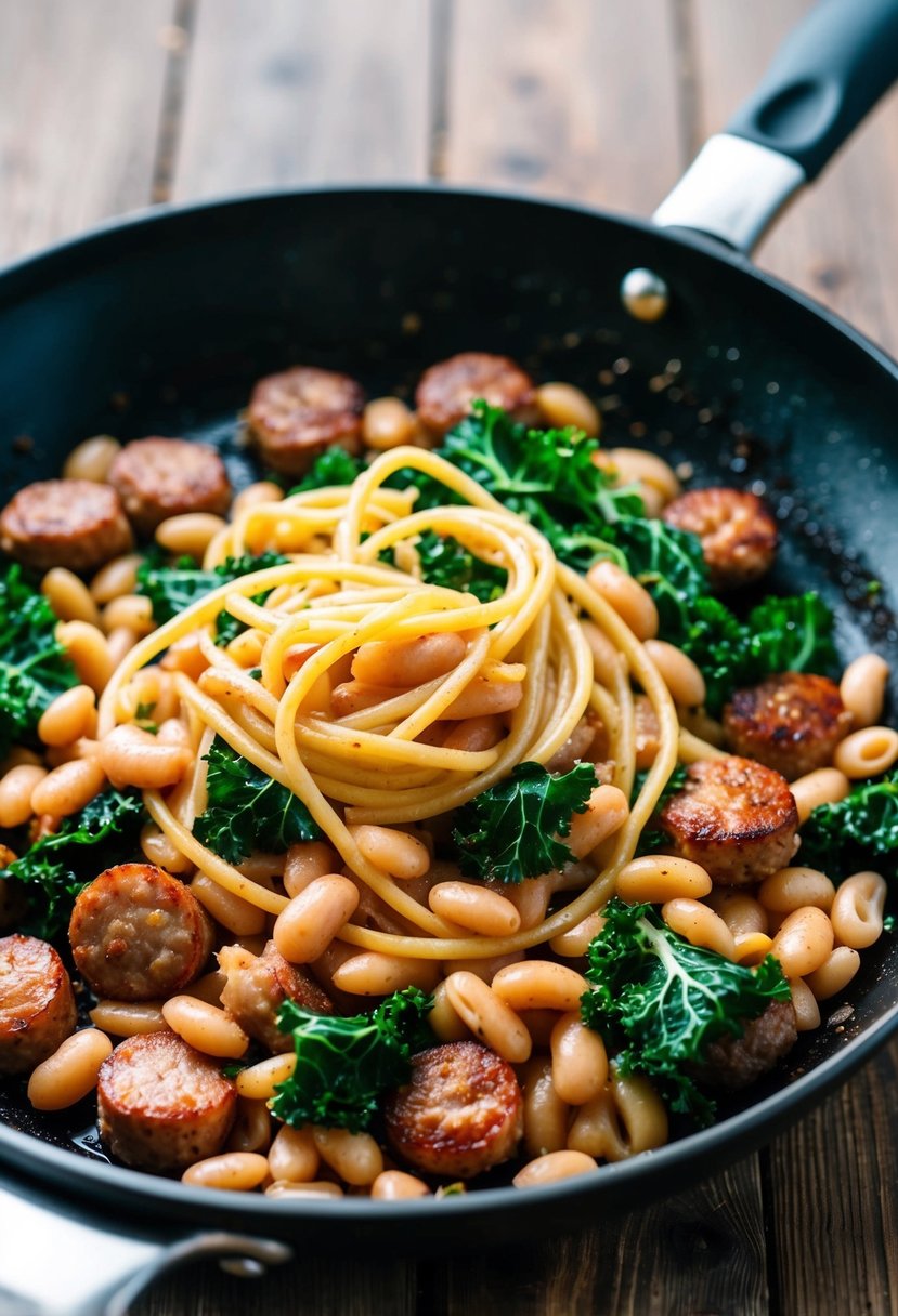 A skillet sizzling with browned sausage, wilted kale, and creamy white beans tossed with twirling pasta