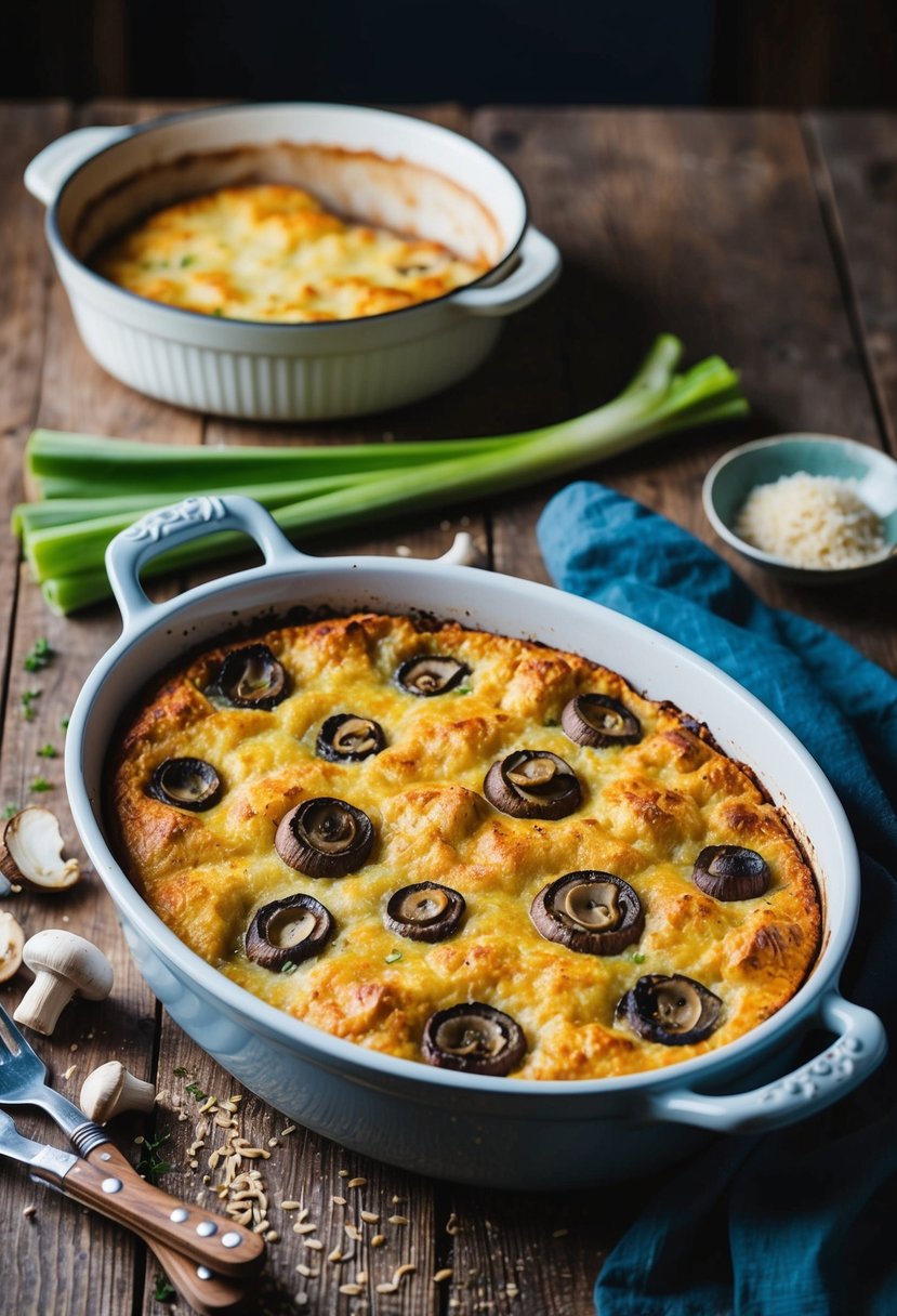 A rustic wooden table with a bubbling Leek and Mushroom Bake fresh from the oven, surrounded by scattered ingredients and a vintage casserole dish