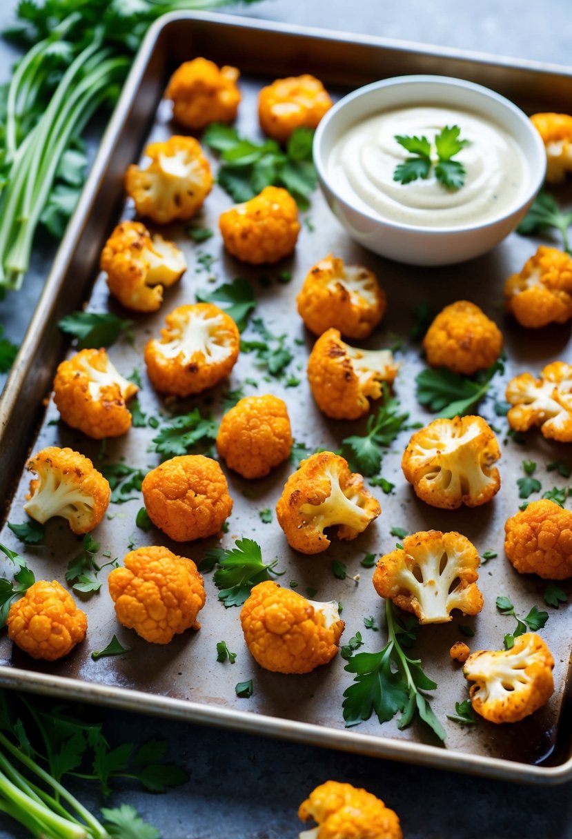 A baking sheet filled with crispy buffalo cauliflower bites surrounded by fresh herbs and a side of creamy dipping sauce