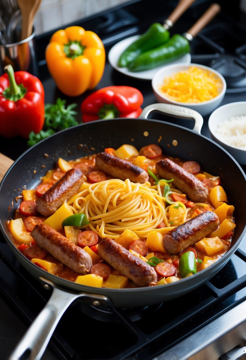 A sizzling skillet of sausages, peppers, and pasta simmers on a stovetop, surrounded by fresh ingredients and cooking utensils