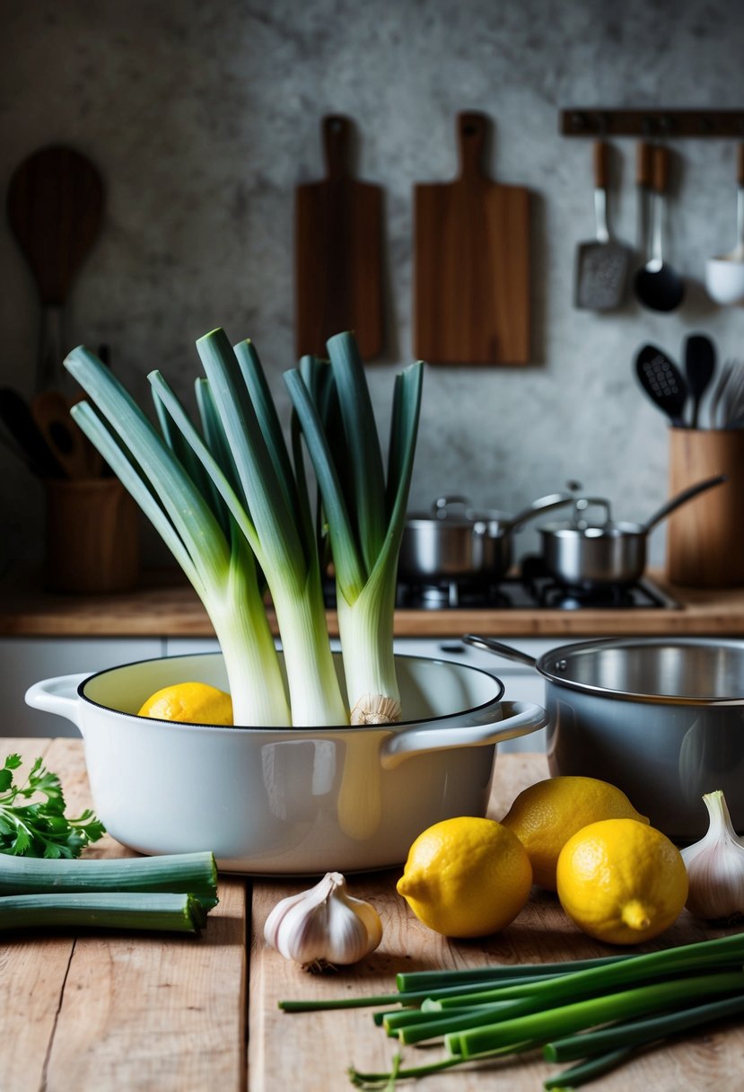 A rustic kitchen counter with fresh leeks, garlic, and lemons, surrounded by cooking utensils and a casserole dish