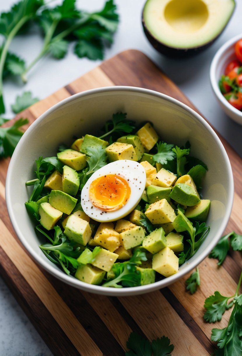 A bowl of avocado egg salad surrounded by fresh ingredients on a wooden cutting board