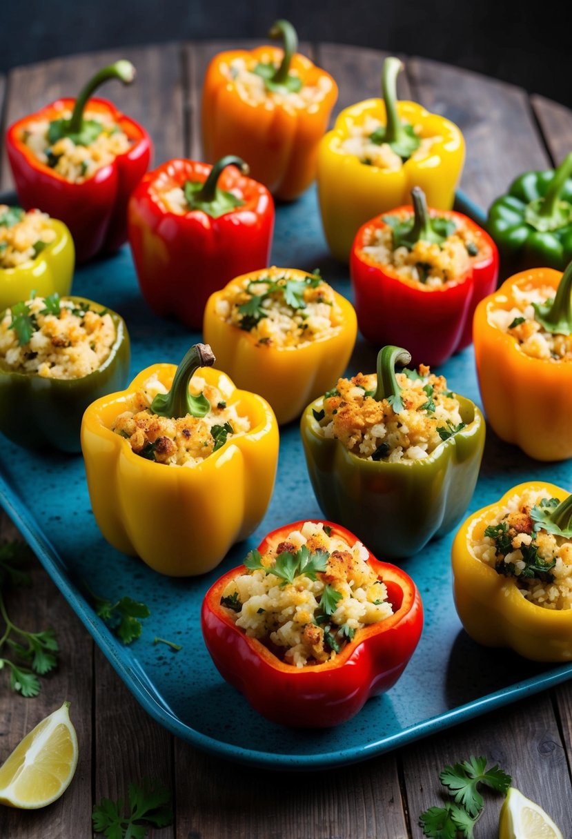 A colorful array of stuffed bell peppers, filled with cauliflower rice and savory ingredients, arranged on a rustic wooden table