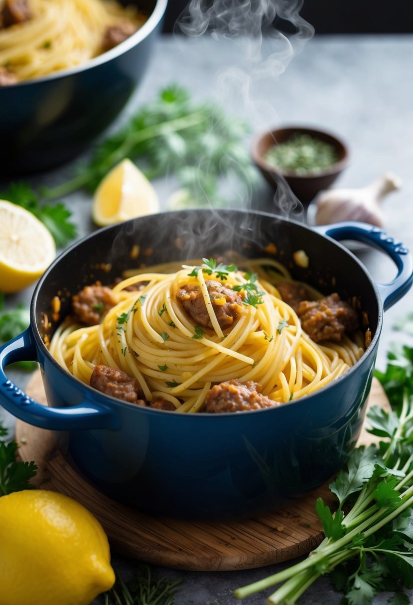 A steaming pot of spaghetti with lemon garlic sausage sauce, surrounded by fresh ingredients and herbs