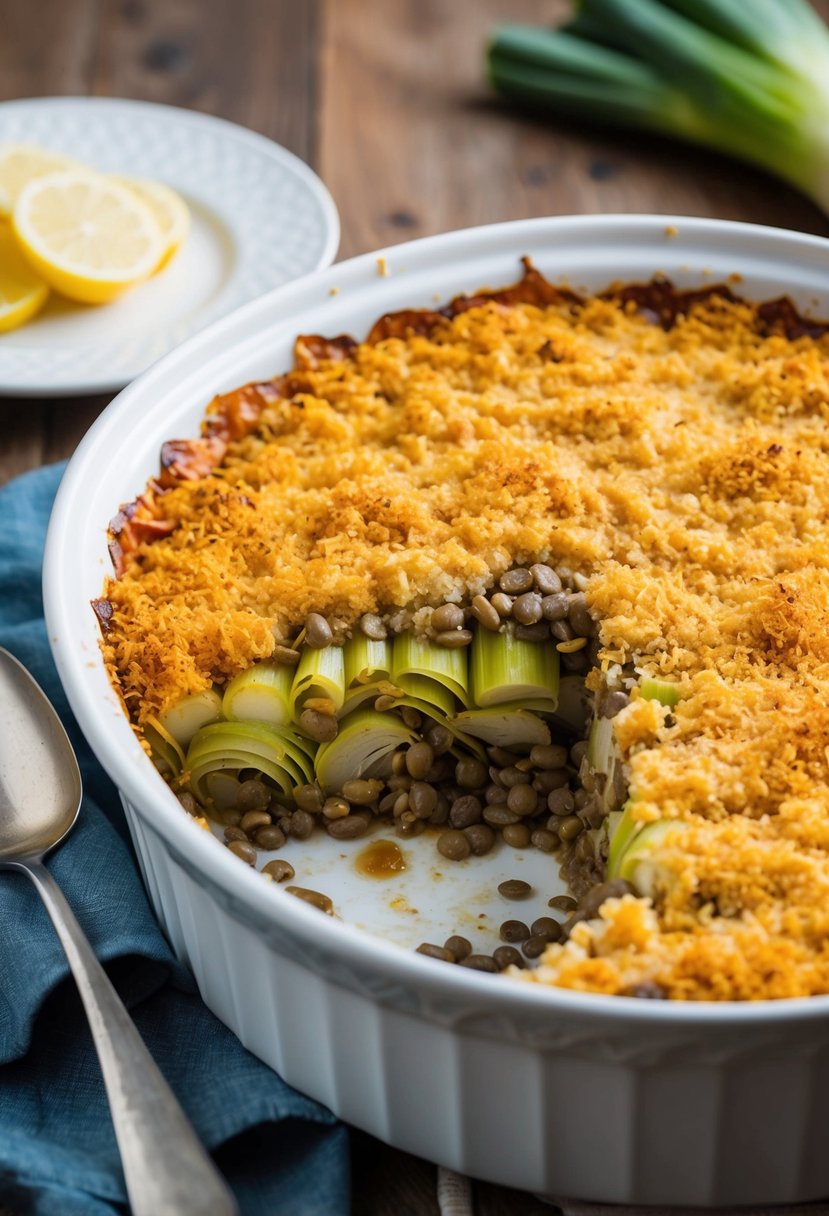 A bubbling casserole dish filled with layers of sliced leeks, lentils, and savory vegan sauce, topped with a golden-brown breadcrumb crust