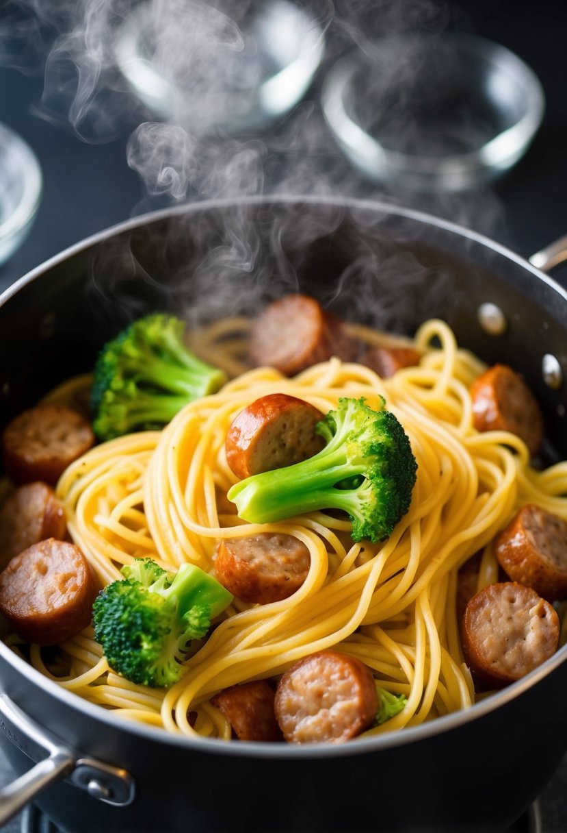 A steaming pot of pasta and sausage with vibrant green broccoli florets mixed in