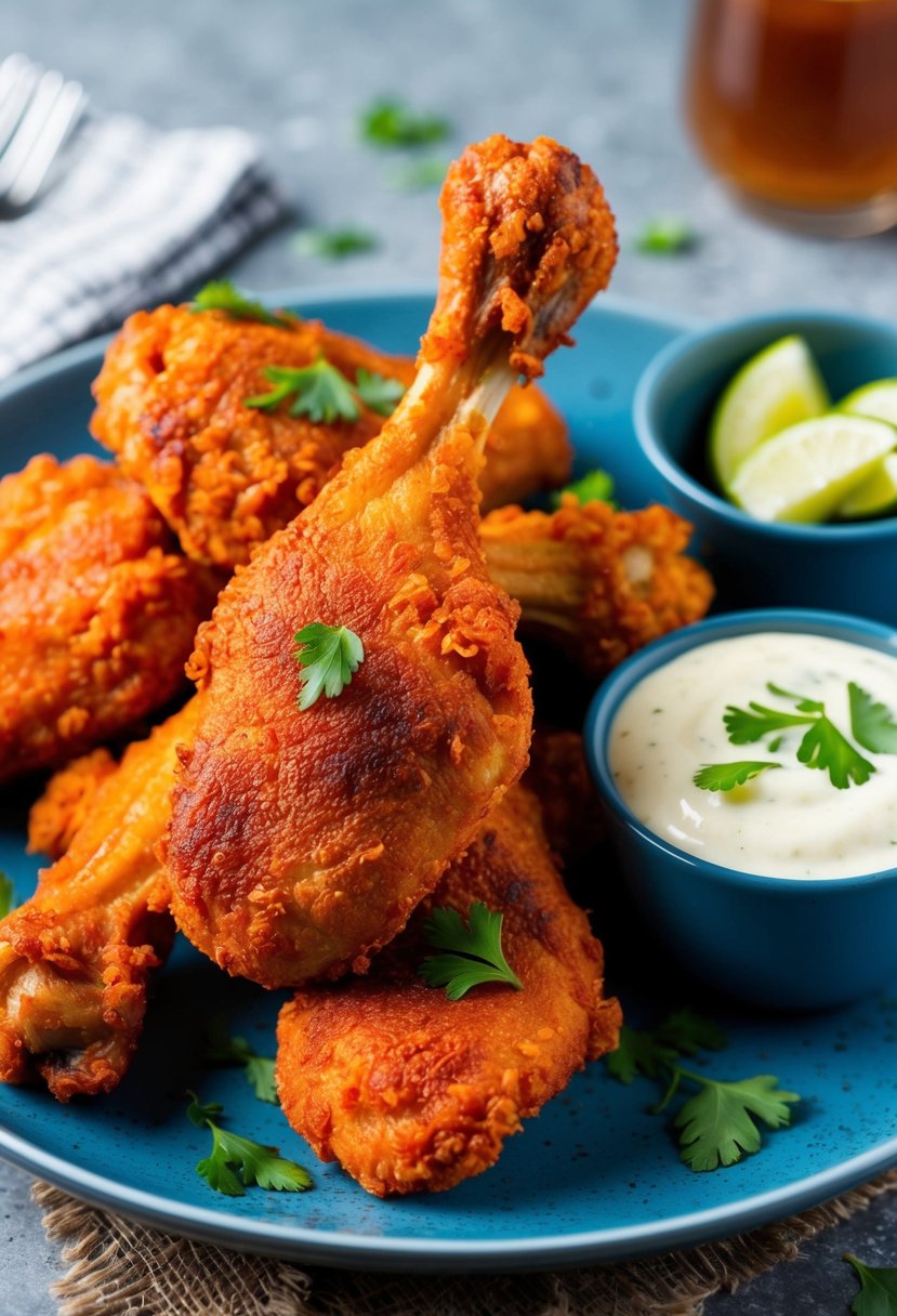 A plate of crispy buffalo drumsticks with keto-friendly sides