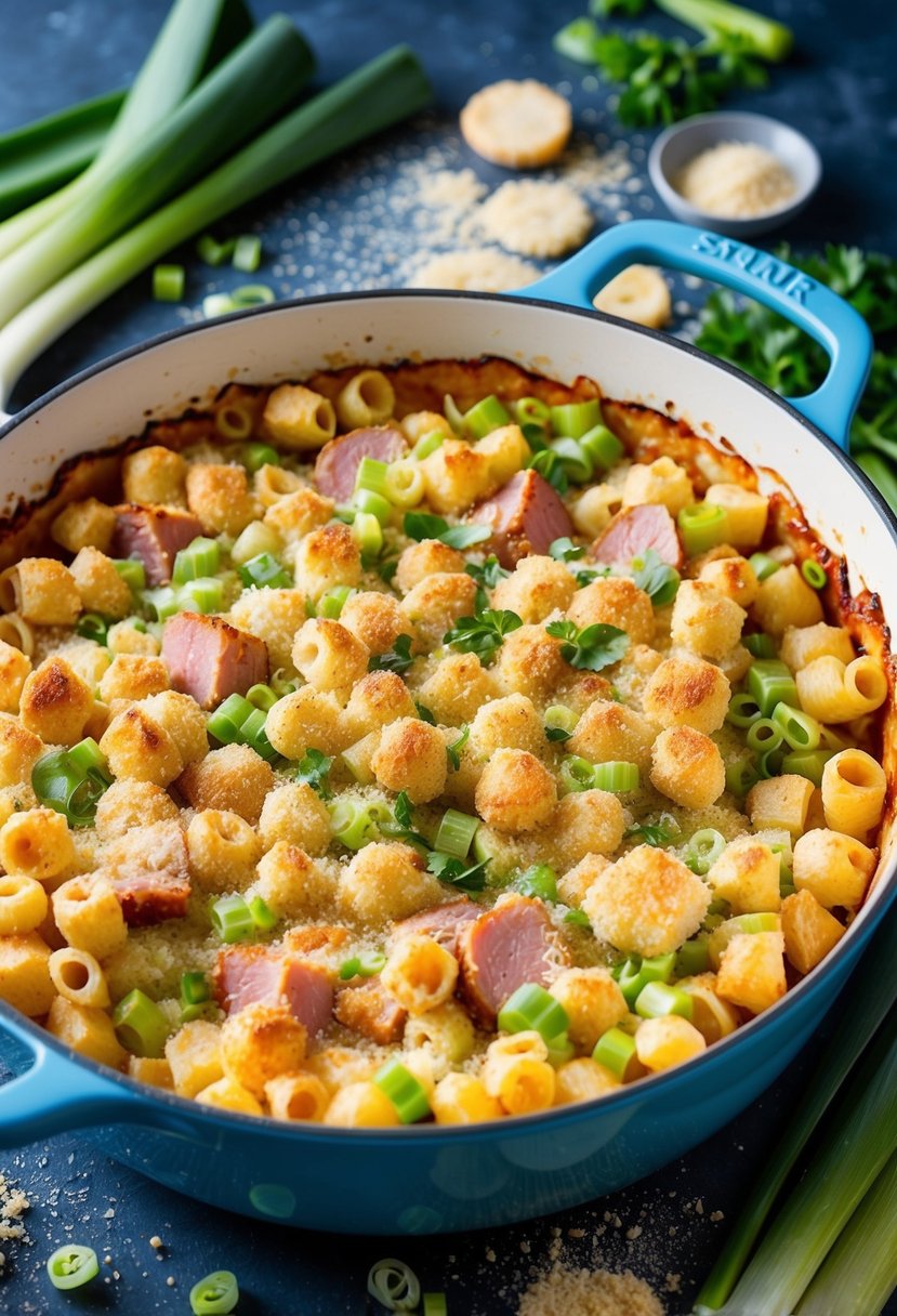 A bubbling casserole dish filled with ham and leek pasta bake, surrounded by scattered leeks and a sprinkle of breadcrumbs