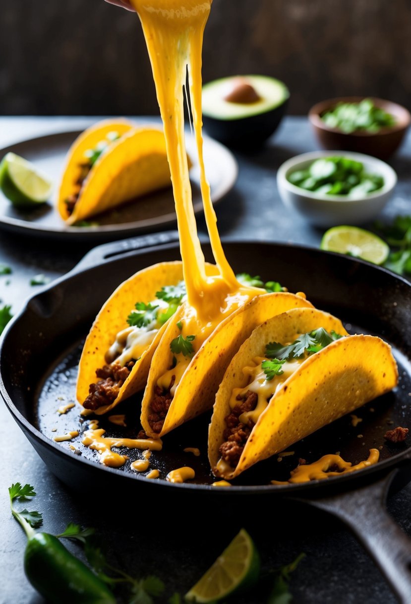 Melted cheese forming taco shells on a skillet, surrounded by keto-friendly taco ingredients