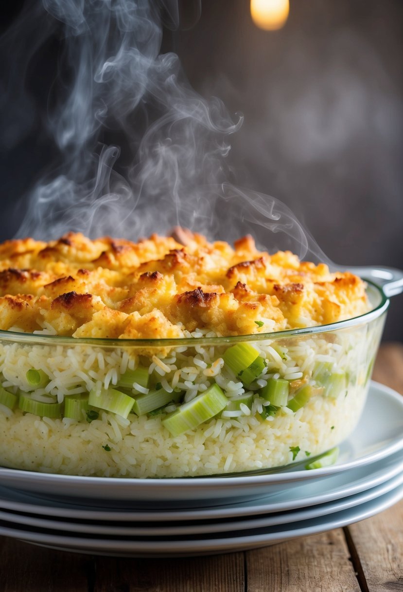 A steaming casserole dish filled with layers of tender leeks, fluffy rice, and savory seasonings, topped with a golden-brown crust