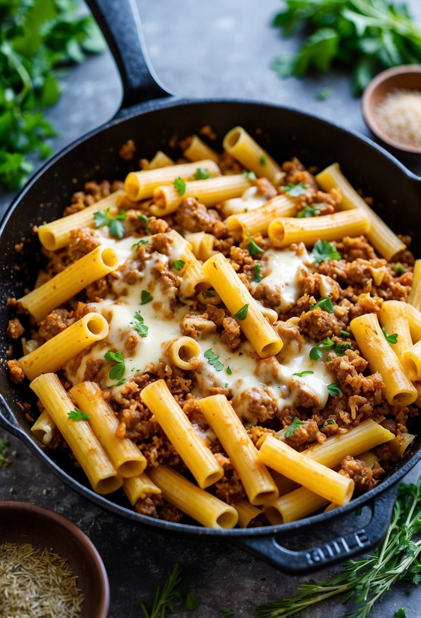 A skillet filled with ziti pasta, ground sausage, and melted cheese, surrounded by fresh herbs and spices