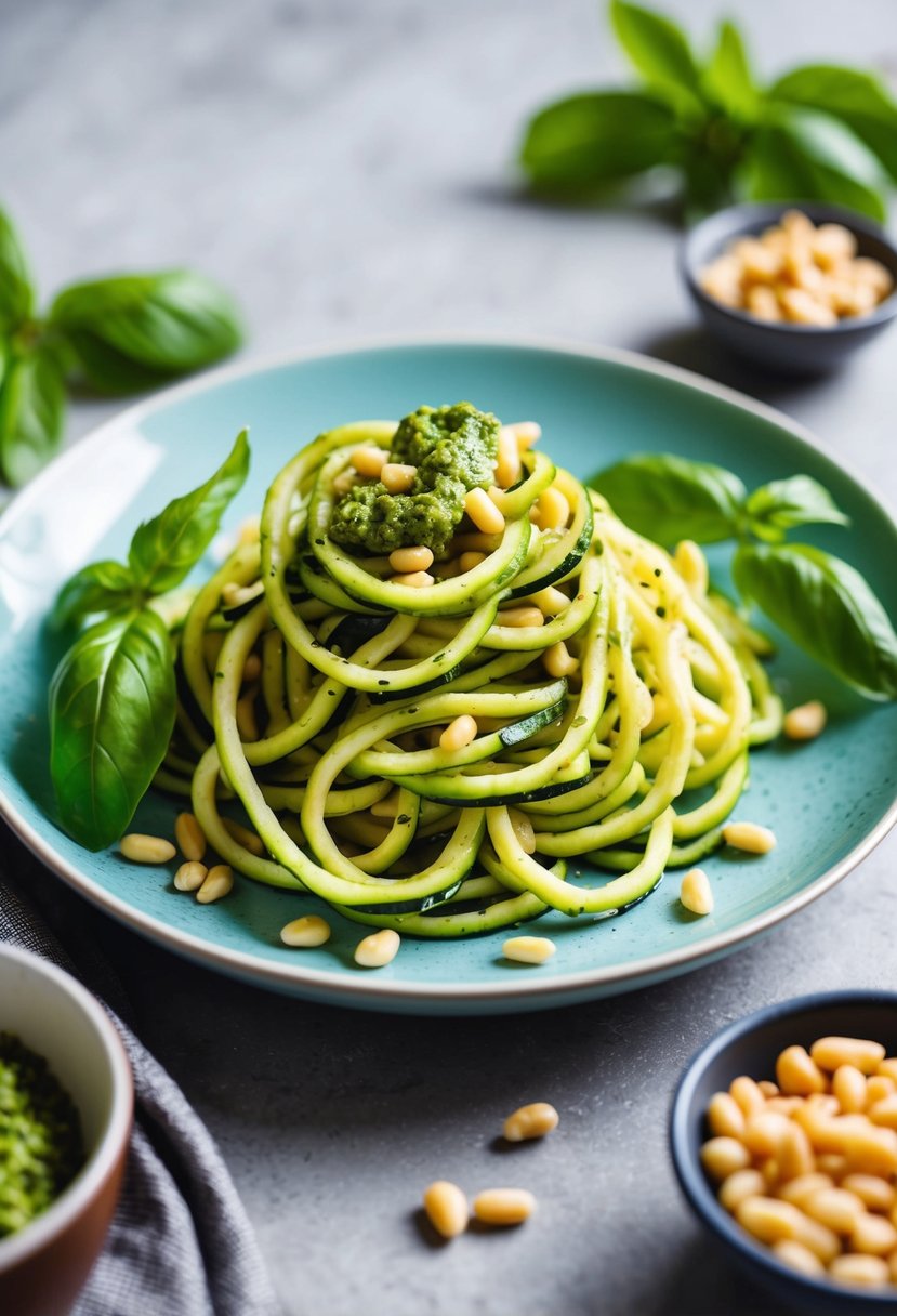 A plate of zucchini noodles topped with vibrant green pesto sauce, garnished with pine nuts and fresh basil leaves