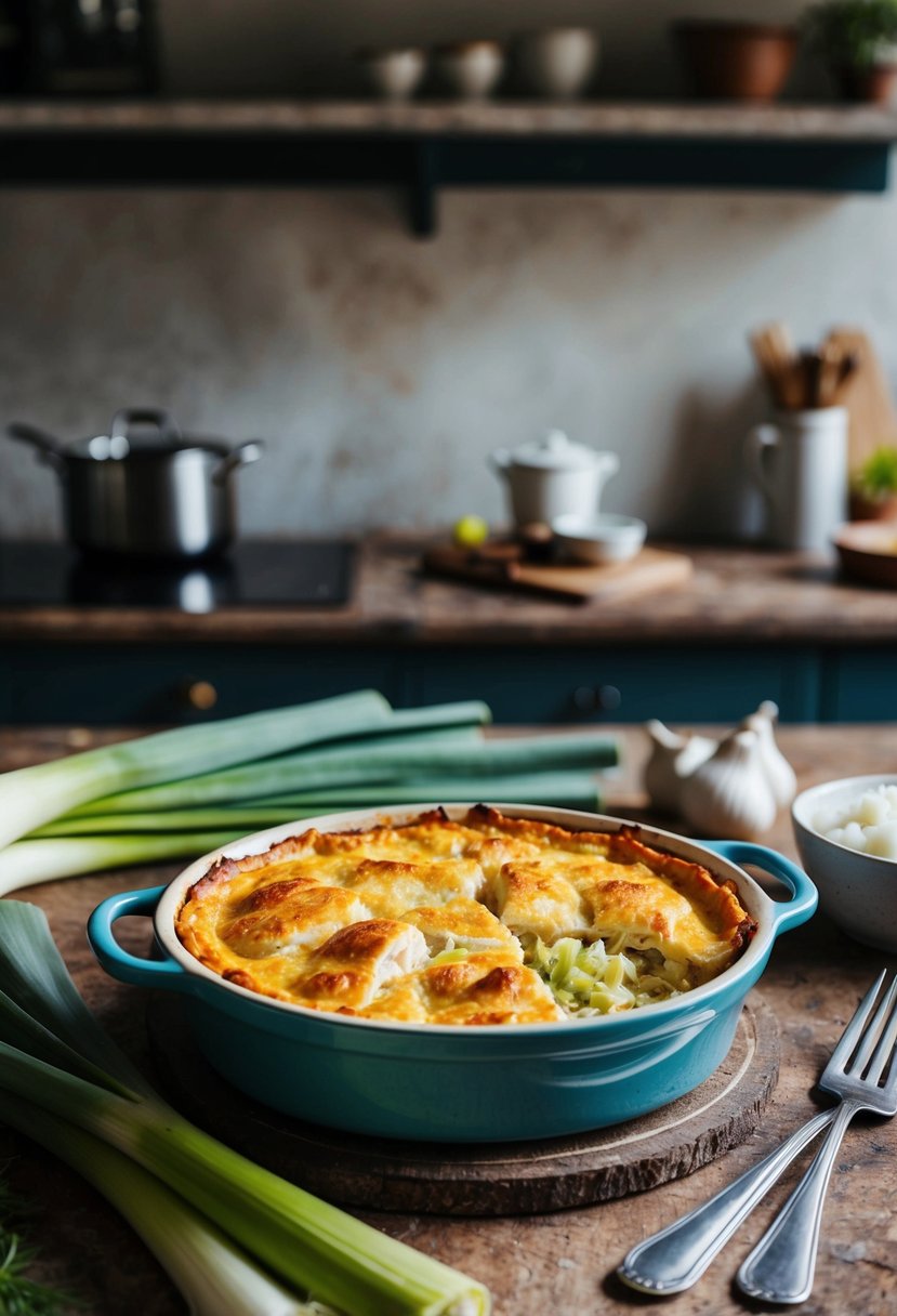 A rustic kitchen counter with a bubbling fish and leek pie in a ceramic dish, surrounded by fresh leeks and other ingredients