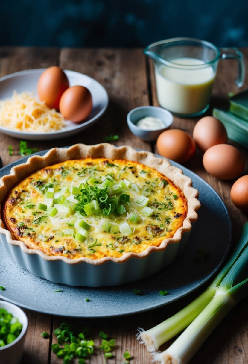 A rustic kitchen table with a freshly baked leek quiche, surrounded by ingredients like eggs, cheese, and chopped leeks