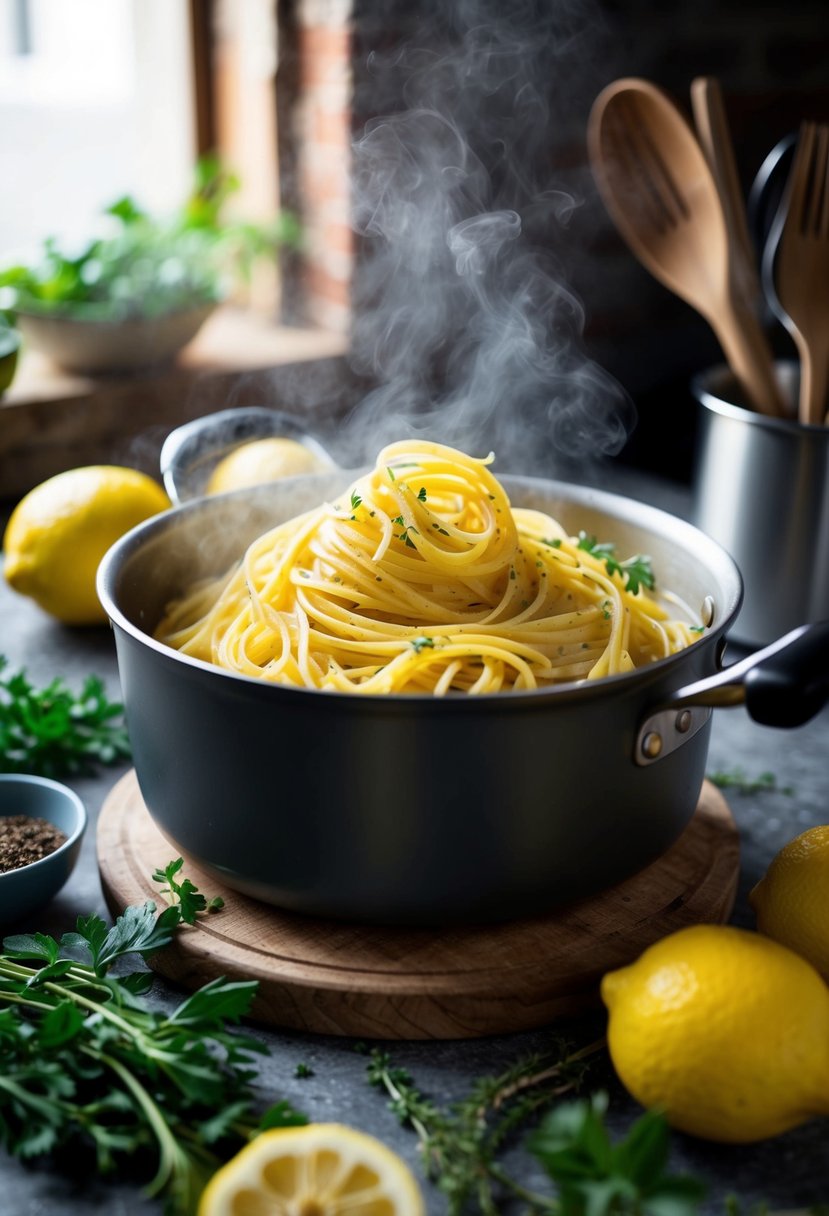 A rustic kitchen with a pot of steaming lemony pasta, surrounded by fresh lemons, herbs, and cooking utensils