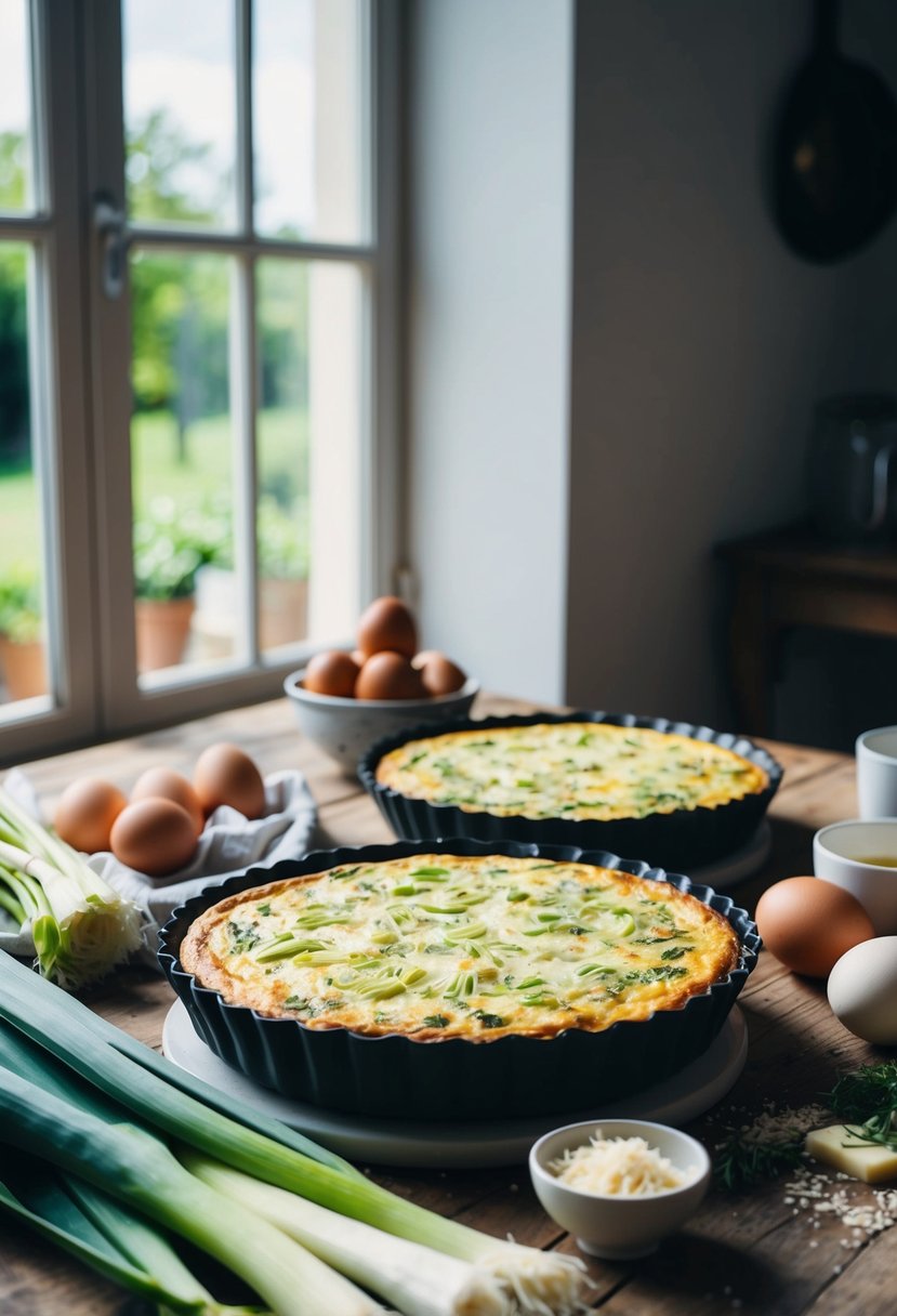 A rustic kitchen table with a freshly baked leek quiche, surrounded by ingredients like leeks, eggs, and cheese. Sunlight streams in through a nearby window