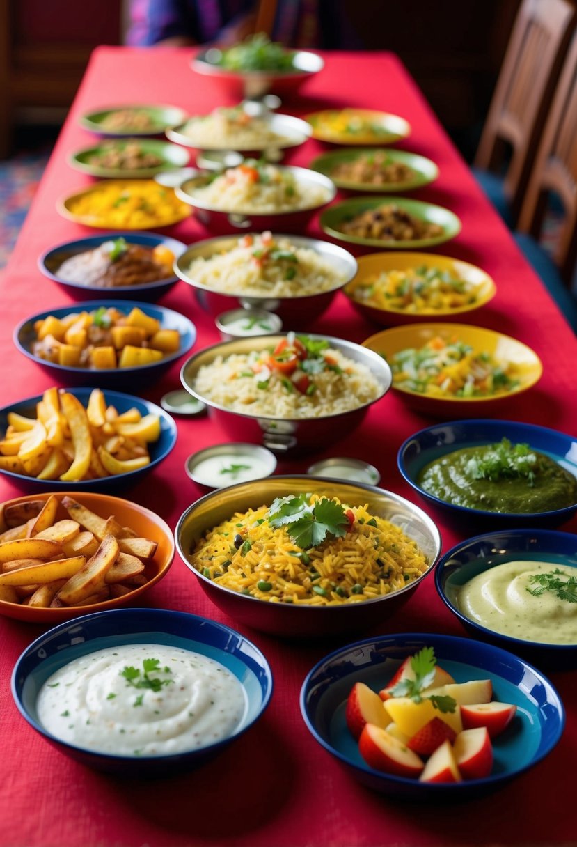 A table adorned with colorful dishes of farali Indian food, including sabudana khichdi, potato fries, and fruit chaat