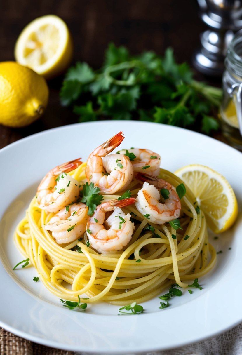 A plate of lemon garlic shrimp pasta with fresh herbs and a slice of lemon on the side