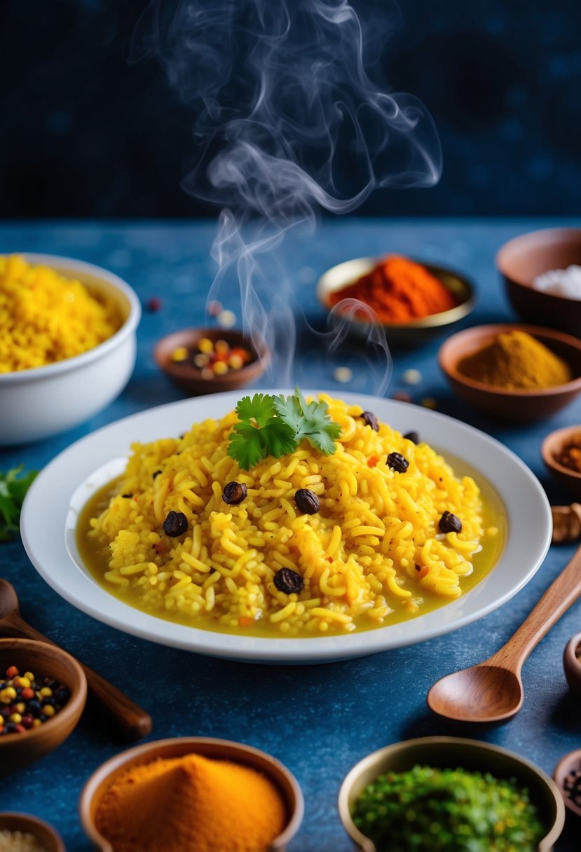 A steaming plate of Sabudana Khichdi surrounded by traditional Indian spices and ingredients