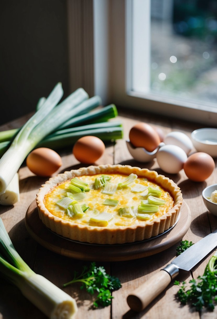 A rustic cheese and leek tart sits on a wooden table, surrounded by fresh leeks, eggs, and a rolling pin. Sunlight streams through a nearby window, casting a warm glow on the scene