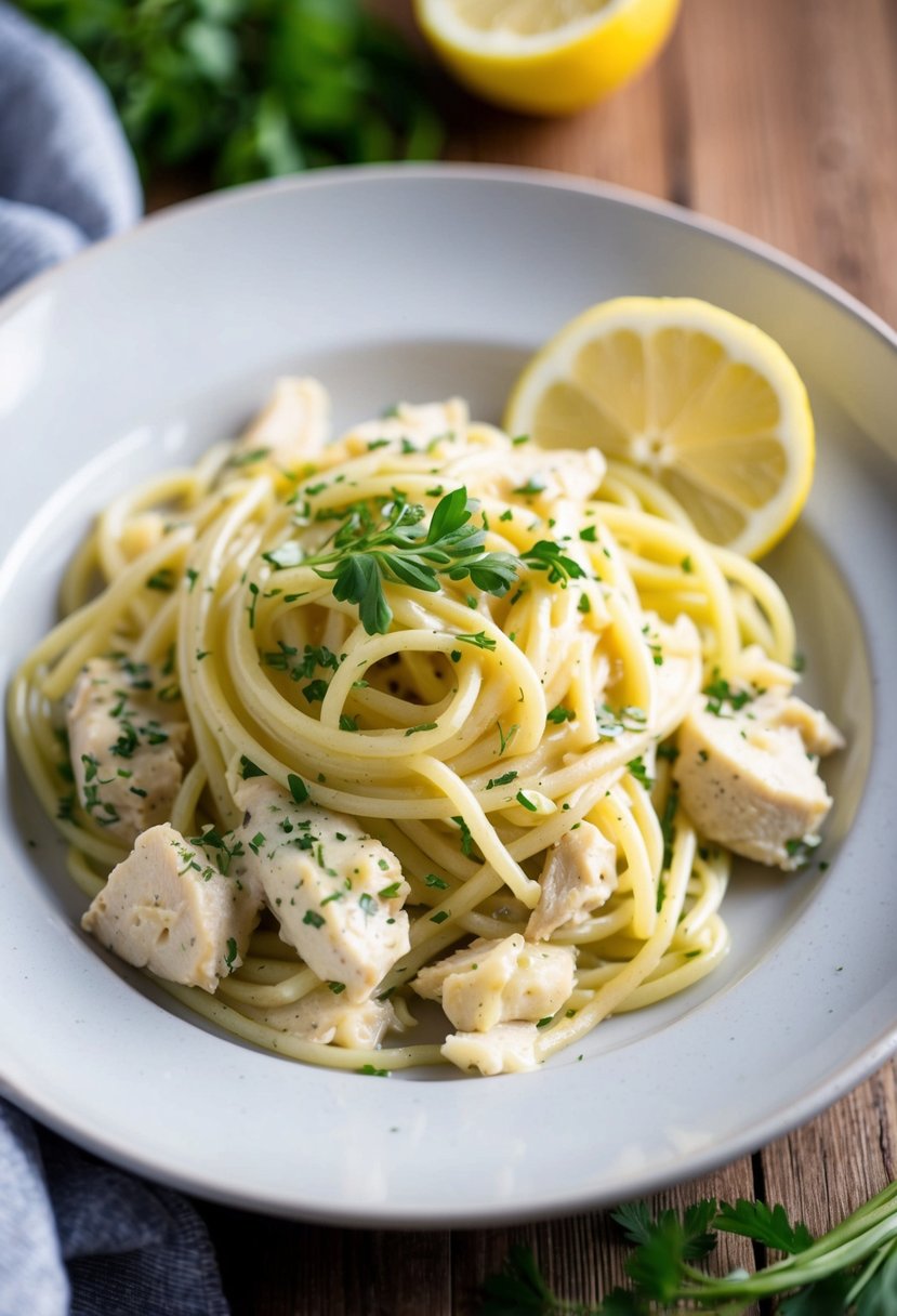 A steaming plate of creamy lemon chicken pasta with fresh herbs and a slice of lemon on the side