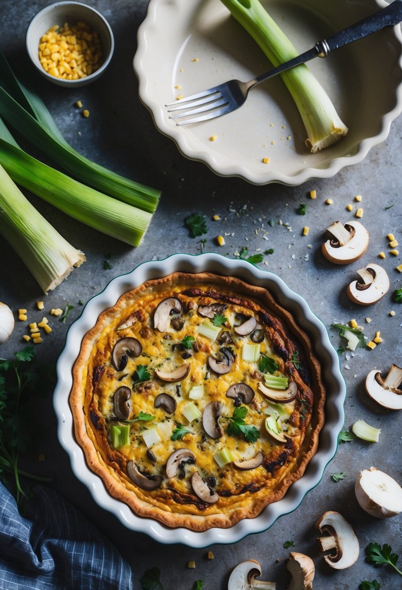 A rustic kitchen table with a freshly baked leek and mushroom quiche, surrounded by scattered ingredients and a vintage pie dish