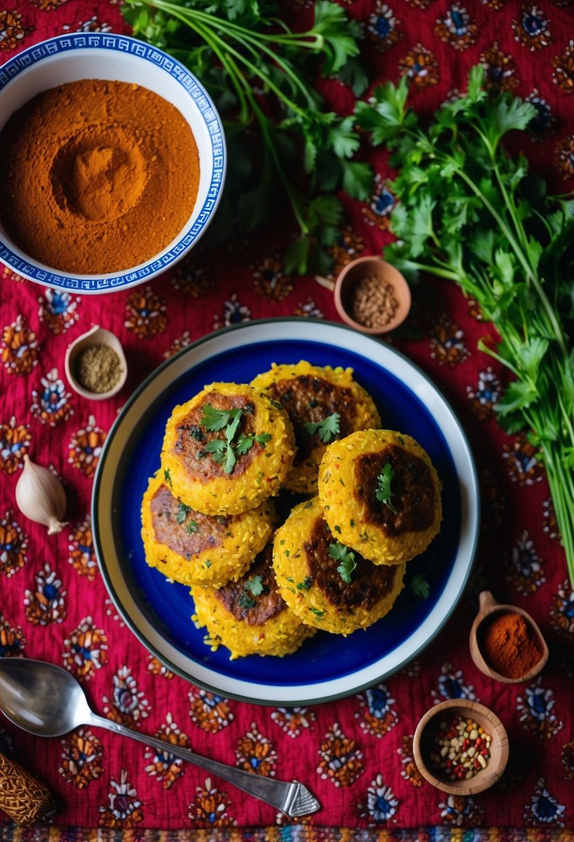 A plate of Farali Pattice surrounded by Indian spices and ingredients on a traditional patterned tablecloth