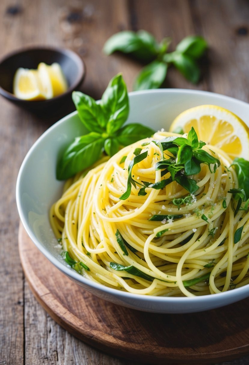 A bowl of lemon basil spaghetti with fresh herbs and a lemon wedge on a rustic wooden table