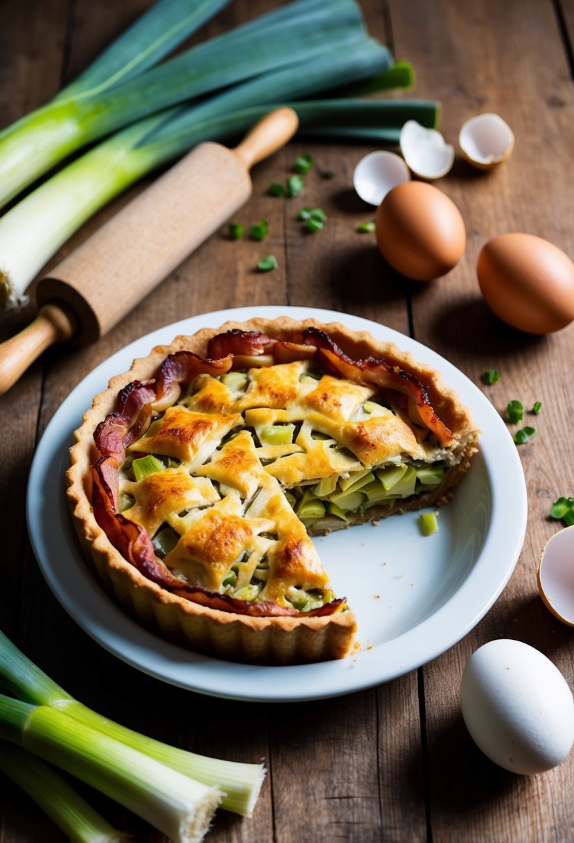 A rustic bacon and leek pie sits on a wooden table, surrounded by fresh leeks, eggs, and a rolling pin