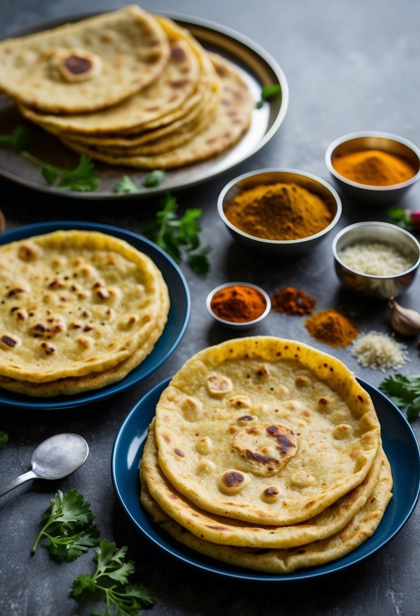 A table set with Rajgira Parathas, surrounded by Indian spices and ingredients